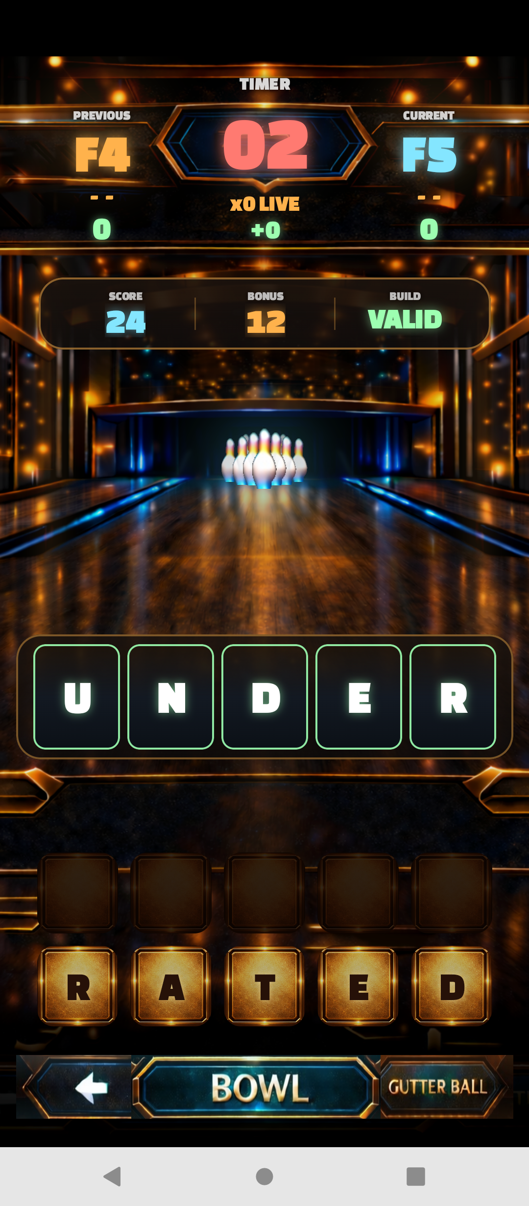 Actual Bowl With Words gameplay showing the scoreboard, bowling lane, word rack, selected word, game controls, and Android navigation